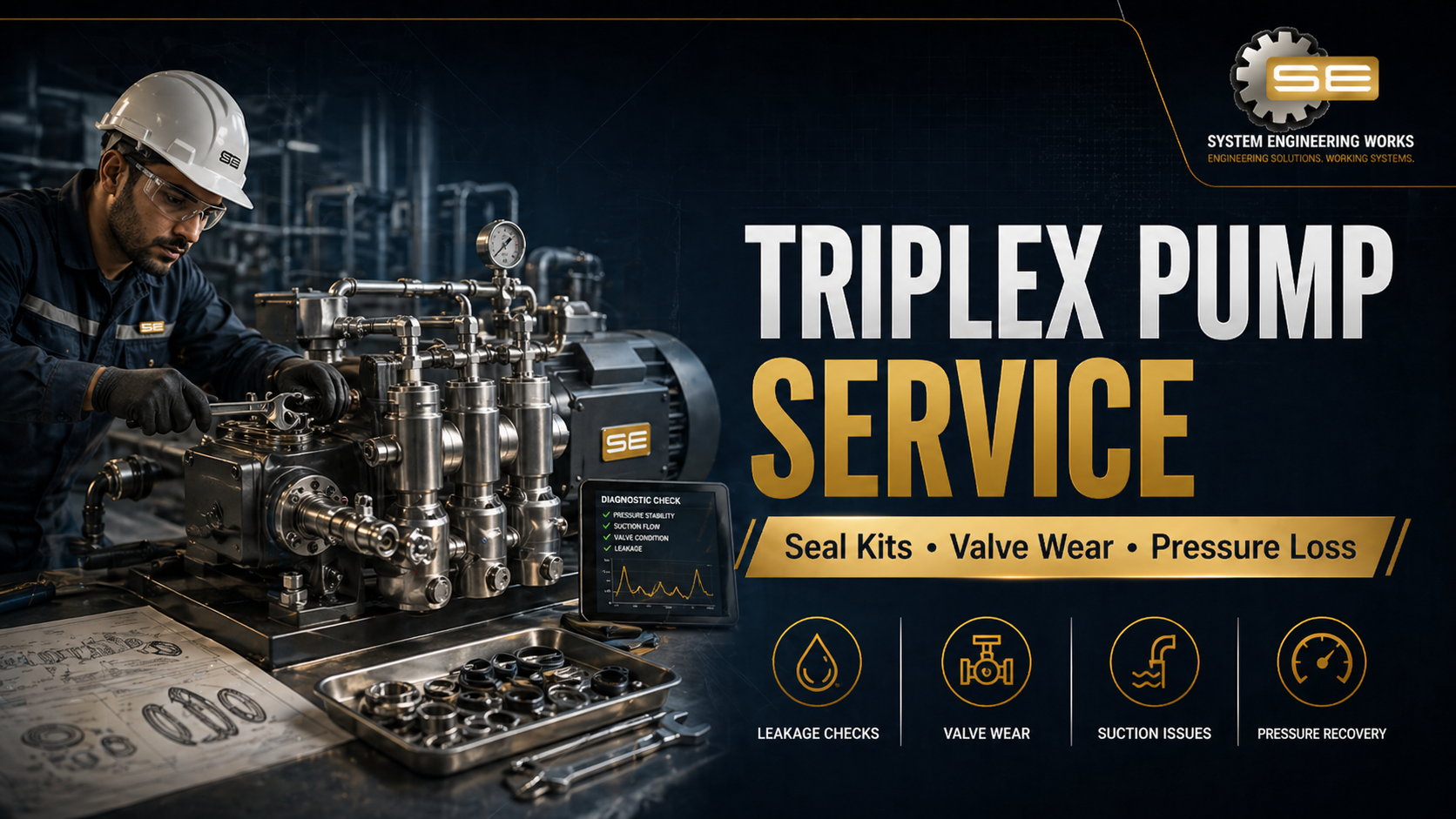 Triplex plunger pump service seal kit valve and pressure loss diagnosis